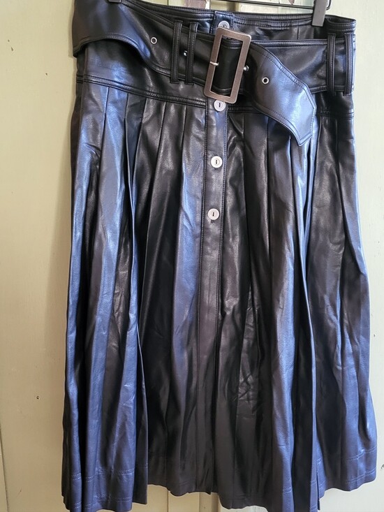 Pilcro Dresses & Skirts - Pilcro Anthropologie Black Faux Leather Pleated Midi Belted Button Front 10